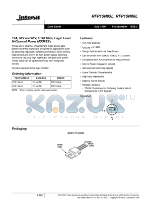 RFP15N05 datasheet - 15A, 50V and 60V, 0.140 Ohm, Logic Level N-Channel Power MOSFETs