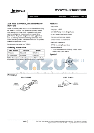 RFP22N10 datasheet - 22A, 100V, 0.080 Ohm, N-Channel Power MOSFETs