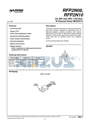 RFP2N10 datasheet - 2A, 80V and 100V, 1.05 Ohm, N-Channel Power MOSFETs