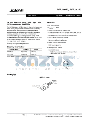 RFP2N10L datasheet - 2A, 80V and 100V, 1.050 Ohm, Logic Level, N-Channel Power MOSFETs