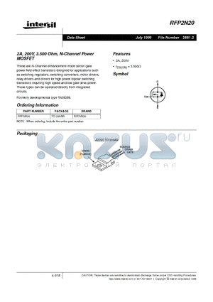 RFP2N20 datasheet - 2A, 200V, 3.500 Ohm, N-Channel Power MOSFET