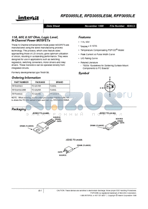 RFP3055LE datasheet - 11A, 60V, 0.107 Ohm, Logic Level, N-Channel Power MOSFETs