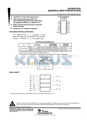 SN74AHCT32-Q1 datasheet - QUADRUPLE 2-INPUT POSITIVE-OR GATE