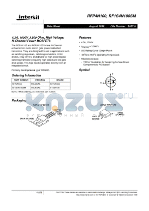 RFP4N100 datasheet - 4.3A, 1000V, 3.500 Ohm, High Voltage, N-Channel Power MOSFETs