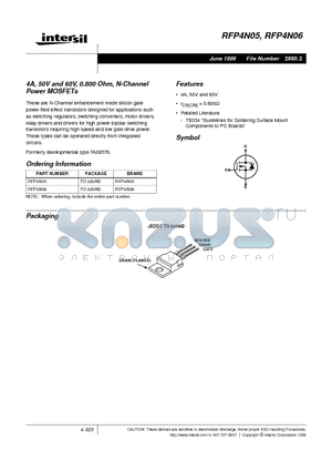 RFP4N05 datasheet - 4A, 50V and 60V, 0.800 Ohm, N-Channel Power MOSFETs
