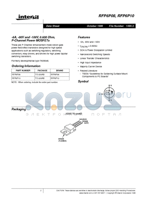 RFP6P08 datasheet - -6A, -80V and -100V, 0.600 Ohm, P-Channel Power MOSFETs