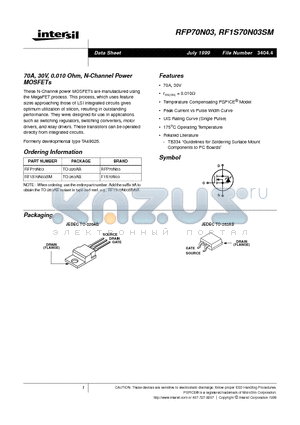 RFP70N03 datasheet - 70A, 30V, 0.010 Ohm, N-Channel Power MOSFETs