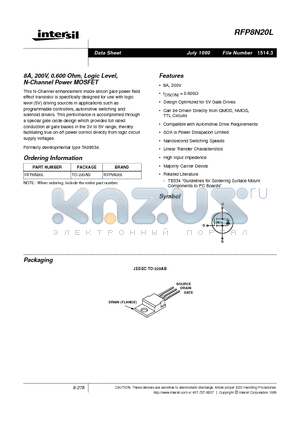 RFP8N20L datasheet - 8A, 200V, 0.600 Ohm, Logic Level, N-Channel Power MOSFET