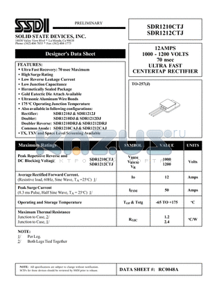 SDR1212CTJ datasheet - 12AMPS 1000 - 1200 VOLTS 70 nsec ULTRA FAST CENTERTAP RECTIFIER