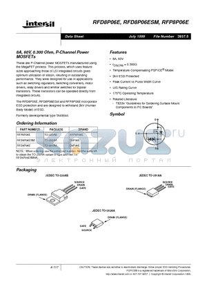 RFP8P06E datasheet - 8A, 60V, 0.300 Ohm, P-Channel Power MOSFETs