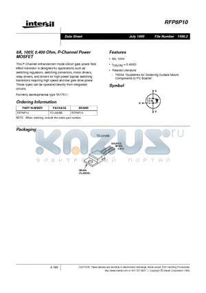 RFP8P10 datasheet - 8A, 100V, 0.400 Ohm, P-Channel Power MOSFET