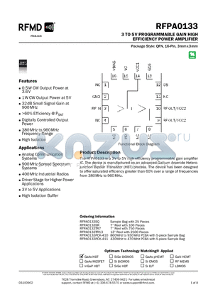 RFPA0133SQ datasheet - 3 TO 5 V PROGRAMMABLE GAIN HIGH EFFICIENCY POWER AMPLIFIER