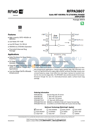 RFPA3807 datasheet - GaAs HBT 400MHz TO 2700MHz POWER AMPLIFIER