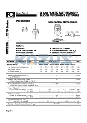 VFR2501 datasheet - 25 Amp PLASTIC FAST RECOVERY SILICON AUTOMOTIVE RECTIFIERS Mechanical Dimensions