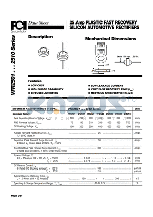 VFR2508 datasheet - 25 Amp PLASTIC FAST RECOVERY SILICON AUTOMOTIVE RECTIFIERS Mechanical Dimensions