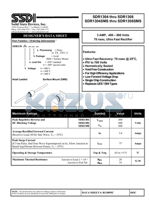 SDR1304 datasheet - 3 AMP, 400 - 800 Volts 70 nsec, Ultra Fast Rectifier