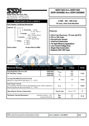 SDR1304SMS datasheet - 3 AMP, 400 - 800 Volts 70 nsec, Ultra Fast Rectifier