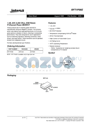 RFT1P06E datasheet - 1.4A, 60V, 0.285 Ohm, ESD Rated, P-Channel Power MOSFET