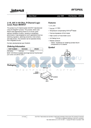 RFT2P03L datasheet - 2.1A, 30V, 0.150 Ohm, P-Channel Logic Level, Power MOSFET