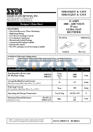 SDR1510JUFDB datasheet - 15 AMPS 1000 - 1200 VOLTS 75 nsec ULTRA FAST RECTIFIER