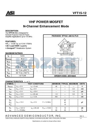 VFT15-12 datasheet - VHF POWER MOSFET N-Channel Enhancement Mode