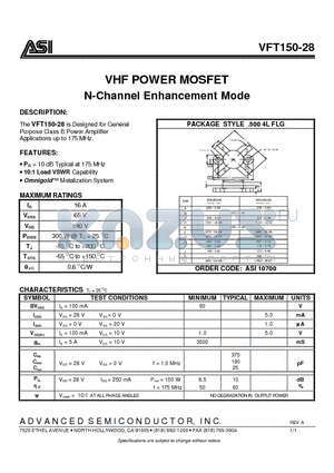 VFT150-28 datasheet - VHF POWER MOSFET Channel Enhancement Mode