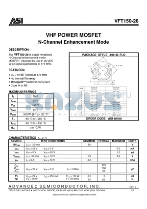 VFT150-28 datasheet - VHF POWER MOSFET