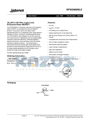 RFW2N06RLE datasheet - 2A, 60V, 0.160 Ohm, Logic Level, N-Channel Power MOSFET