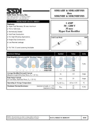 SDR1AHF datasheet - 1 AMP 50 - 1200 V 35 nsec Hyper Fast Rectifier