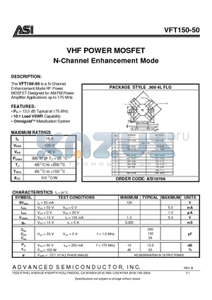 VFT150-50 datasheet - VHF POWER MOSFET N-Channel Enhancement Mode