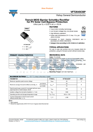 VFT2045CBP datasheet - Trench MOS Barrier Schottky Rectifier for PV Solar Cell Bypass Protection