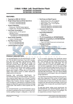 SST29SF020-55-4C-NHE datasheet - 2 Mbit / 4 Mbit (x8) Small-Sector Flash