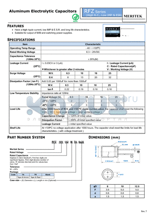 RFZ10V152MTR8X20 datasheet - Aluminum Electrolytic Capacitors