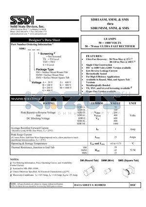 SDR1ASMS datasheet - 1.0 AMPS 50 - 1000 VOLTS 50 - 70 nsec ULTRA FAST RECTIFIER