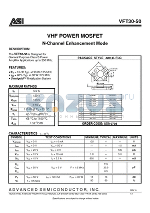 VFT30-50 datasheet - VHF POWER MOSFET N-Channel Enhancement Mode