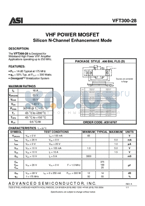 VFT300-28 datasheet - VHF POWER MOSFET Silicon N-Channel Enhancement Mode