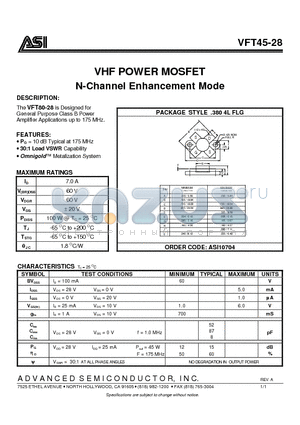 VFT45-28 datasheet - VHF POWER MOSFET N-Channel Enhancement Mode