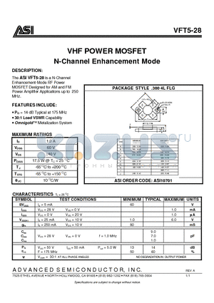 VFT5-28 datasheet - VHF POWER MOSFET N-Channel Enhancement Mode