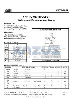 VFT5-28SL datasheet - VHF POWER MOSFET N-Channel Enhancement Mode
