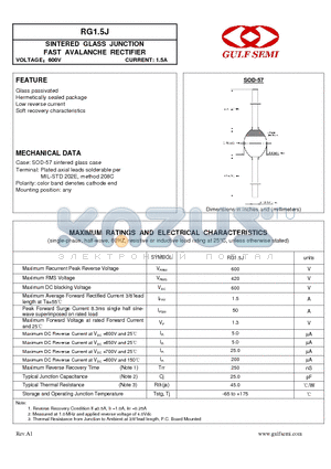 RG1.5J datasheet - SINTERED GLASS JUNCTION FAST AVALANCHE RECTIFIER VOLTAGE600V CURRENT: 1.5A