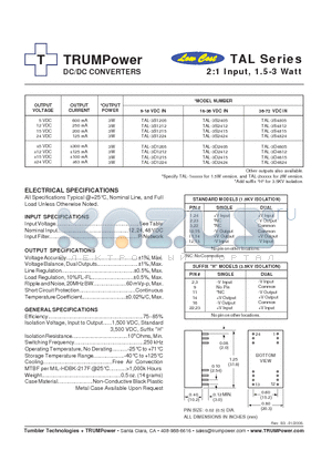 TAL-3S1212 datasheet - DC/DC CONVERTERS 2:1 Input, 1.5-3 Watt