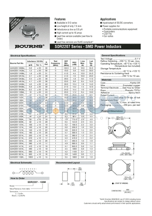 SDR2207-100M datasheet - SMD Power Inductors