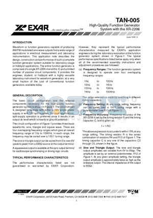 TAN-005 datasheet - High-Quality Function Generator System with the XR-2206