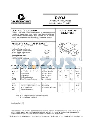 TAN15 datasheet - 15 Watts, 40 Volts, Pulsed Avionics 960 - 1215 MHz