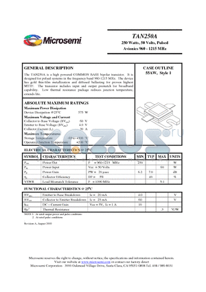 TAN250A datasheet - 250 Watts, 50 Volts, Pulsed Avionics 960 - 1215 MHz