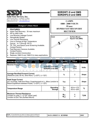 SDR2HF2.0 datasheet - 2 AMPS 1800 - 2000 VOLTS 35 nsec HYPER FAST RECOVERY RECTIFIER