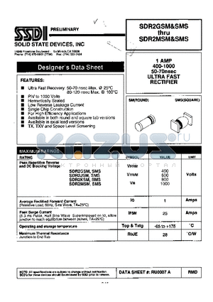 SDR2GSMS datasheet - 1 AMP 400-1000 50-70nsec ULTRA FAST RECTIFIER