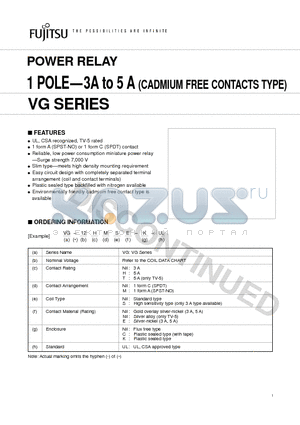 VG-12-K-UL datasheet - POWER RELAY 1 POLE-3A to 5 A (CADMIUM FREE CONTACTS TYPE)