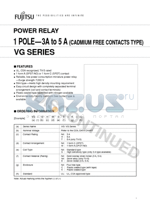 VG-12HE-K-UL datasheet - POWER RELAY 1 POLE-3A to 5 A (CADMIUM FREE CONTACTS TYPE)