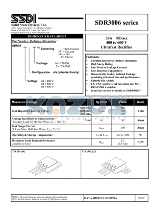 SDR3006 datasheet - 30A 80nsec 400 to 600 V Ultrafast Rectifier